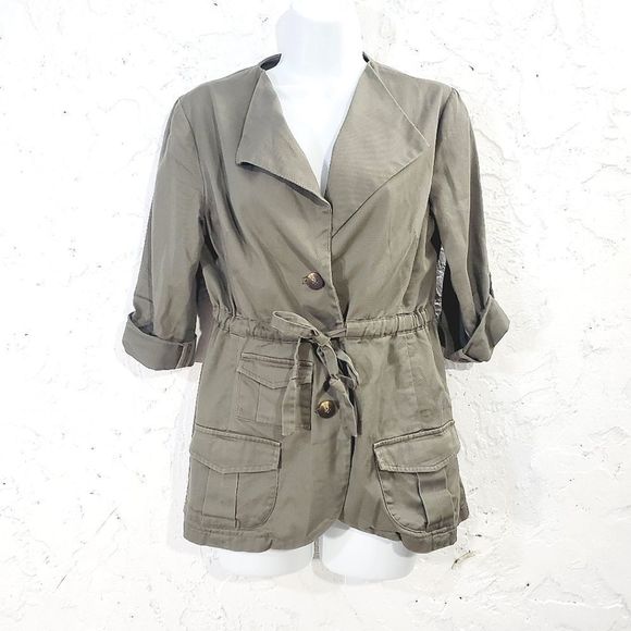 Anthropologie  Tabitha army military green button down belted tie jacket size 6 - Picture 2 of 13